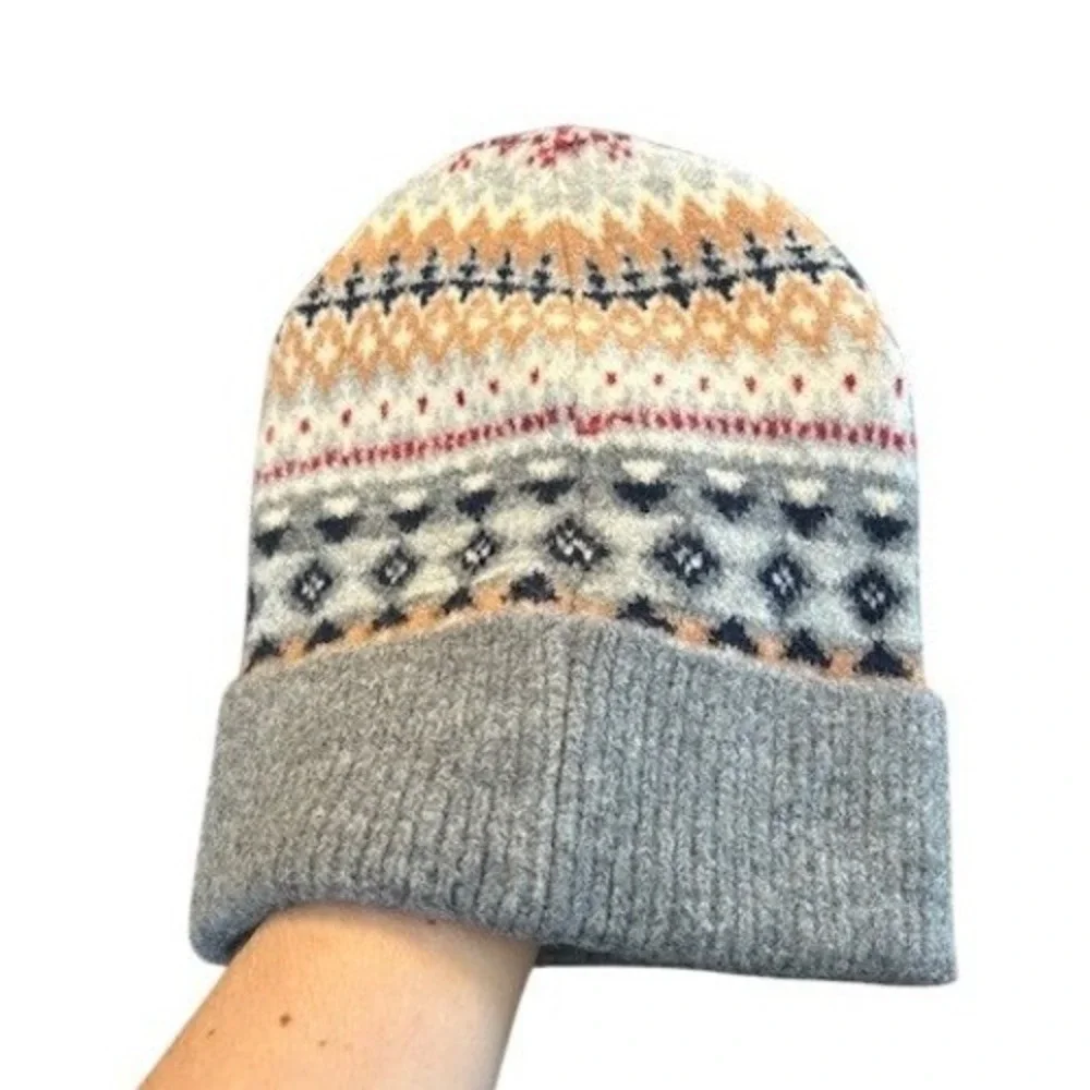 Lucky Brand Fair Isle Soft Knit Beanie Hat One‎ Size Gray Multicolor Wool Blend
